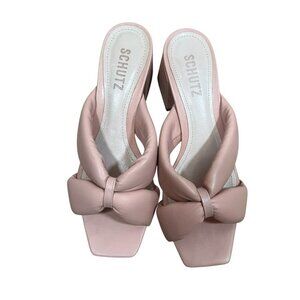 Schutz Fairy Puffy Mule High Heel Leather Sandal Size 6.5 B Pink Open Toe